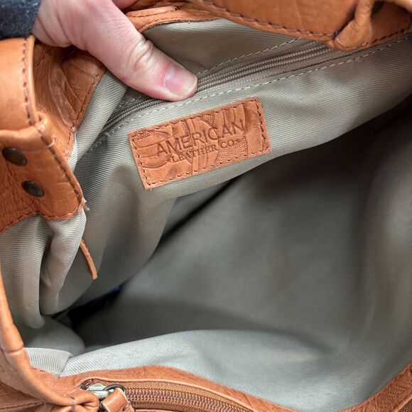 American Leather Tooled Leather Wylie Satchel Shoulder Bag Tan Brown Ornate EUC - Picture 6 of 13